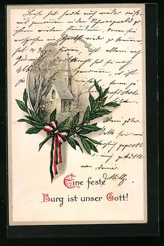 Lithographie Eine feste Burg... - Kirche, Lorbeerzeig mit Schleife in Nationalfarben