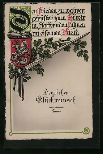 Lithographie Den Frieden zu wahren... - Spruch, Eichenzweig und Wappen - Neujahrsgruss