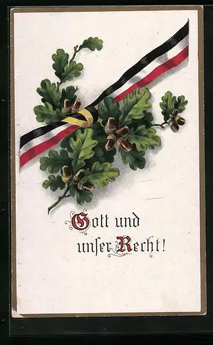 Lithographie Gott und unser Recht! - Spruch, Eichenzweige mit Bändern in Nationalfarben des Zweibunds