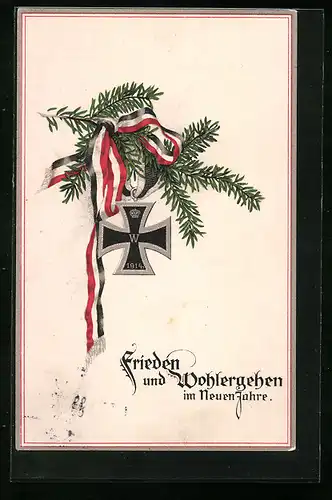 Lithographie Tannenzweig mit Schleife in deutschen Farben und Eisernem Kreuz - Neujahrsgruss