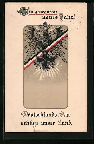 Präge-Lithographie Deutschlands Aar... - Reichsadler mit Band in deutschen Farben und Eisernem Kreuz - Neujahrsgruss