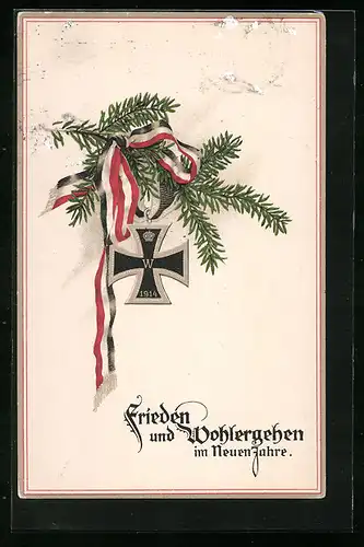 Lithographie Tannenzweig mit Band in deutschen Farben und Eisernem Kreuz - Neujahrsgruss