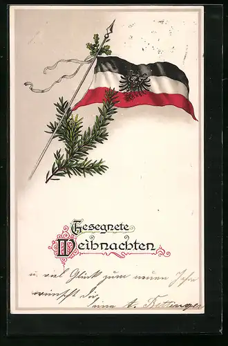Lithographie Tannenzweig, Deutsche Flagge mit Reichsadler - Weihnachtsgruss