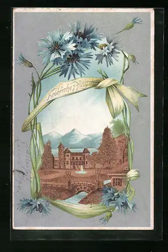 Kork-AK Pfingstgrüsse, Dorflandschaft mit Bergpanorama