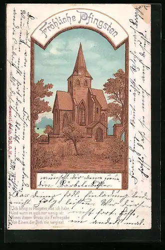 Kork-AK Pfingstgrüsse, Blick zur Kirche