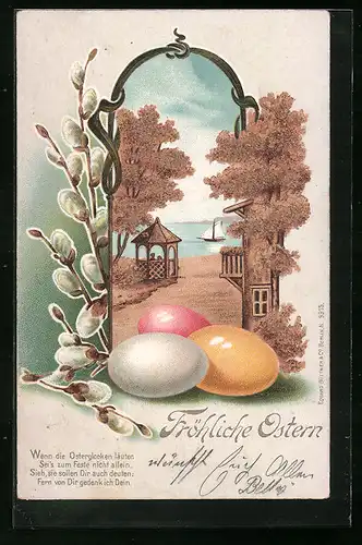 Kork-AK Ostergrüsse, Uferpartie mit Boot