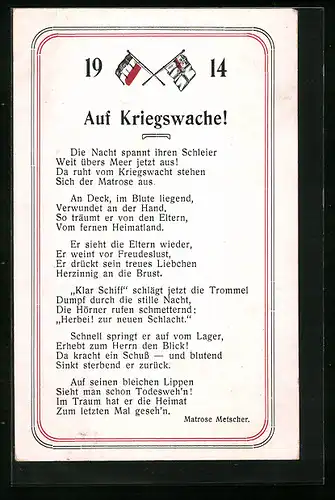 AK Auf Kriegswache, Fahnen 1914, Matrose Metscher