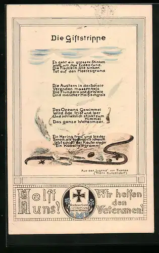 Künstler-AK Gedicht Die Giftstrippe von Franz Kunzendorf, Propaganda 1. Weltkrieg