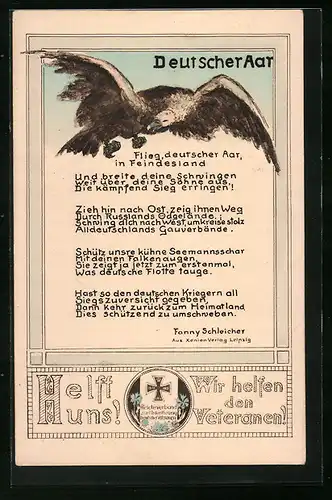 Künstler-AK Gedicht Deutscher Aar von Fanny Schleicher, Propaganda 1. Weltkrieg