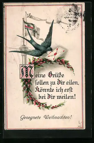 Künstler-AK Schwalbe mit Brief und Fahnen, Weihnachtsgrüsse