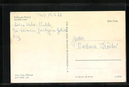 AK Pössneck /Thür., Marktbrunnen und Markt-Drogerie