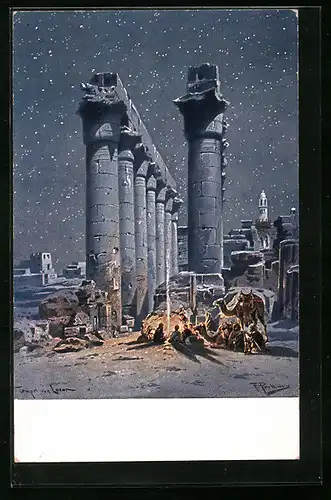 Künstler-AK Friedrich Perlberg: Ägyptische Tempelruinen unter sternklarem Himmel