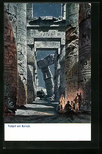 Künstler-AK Friedrich Perlberg: Tempel von Karnak bei Nacht, Rastende Araber um ein Lagerfeuer