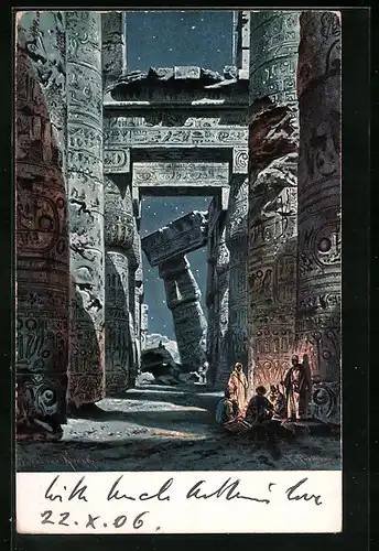 Künstler-AK Friedrich Perlberg: Tempel von Karnak bei Nacht, Rastende Araber um ein Lagerfeuer