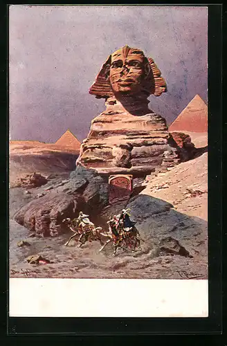 Künstler-AK Friedrich Perlberg: Gizeh, Sphinx bei den grossen Pyramiden, passierende Kamelreiter