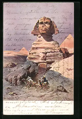 Künstler-AK Friedrich Perlberg: Gizeh, Sphinx bei den grossen Pyramiden