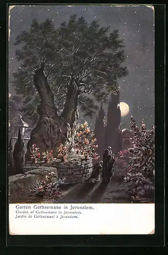 Künstler-AK Friedrich Perlberg: Jerusalem, Garten Gethsemane bei Vollmond