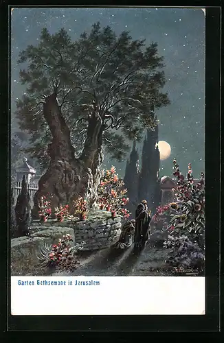 Künstler-AK Friedrich Perlberg: Jerusalem, Garten Gethsemane bei mondheller Nacht