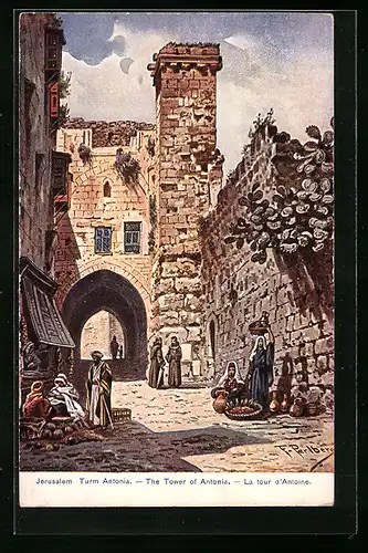 Künstler-AK Friedrich Perlberg: Jerusalem, Strasse mit Turm Antonia