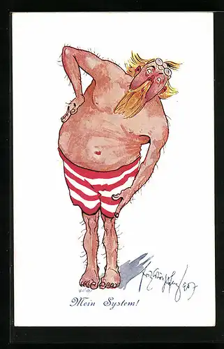 Künstler-AK Fritz Schönpflug: Dicker Herr bei Dehnübungen