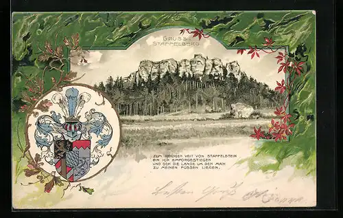 Passepartout-Lithographie Staffelberg, Landschaftsansicht mit Wappen