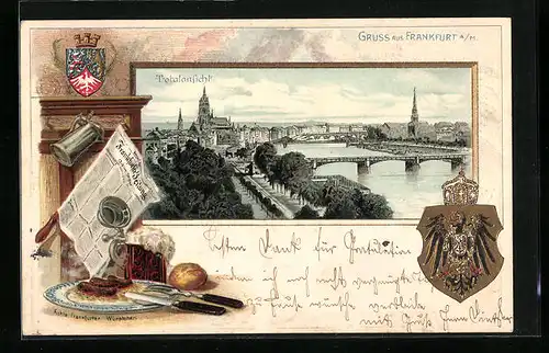 Passepartout-Lithographie Frankfurt a. M., Totalansicht mit Wappen