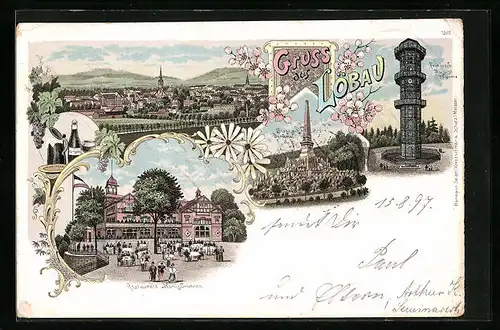 Lithographie Löbau, Ortsansicht, Restaurant Honigbrunnen, Sieges-Denkmal