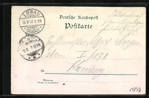 Lithographie Löbau, Ortsansicht, Restaurant Honigbrunnen, Sieges-Denkmal