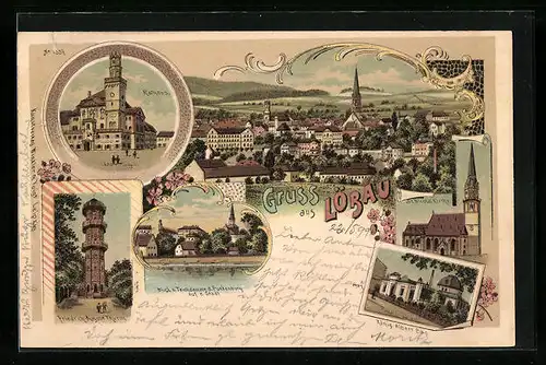 Lithographie Löbau, Ortsansicht, Rathaus, Friedrich-August-Turm