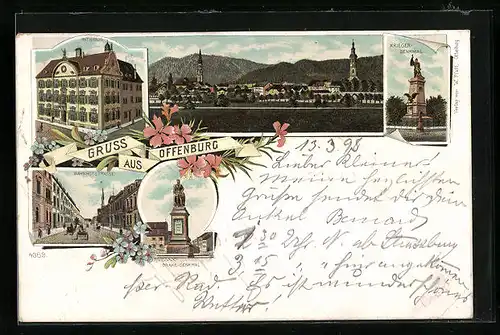 Lithographie Offenburg, Ortsansicht mit Rathaus, Bahnhofstrasse und Krieger-Denkmal