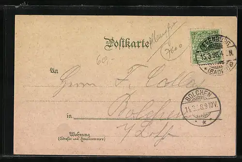 Lithographie Offenburg, Ortsansicht mit Rathaus, Bahnhofstrasse und Krieger-Denkmal