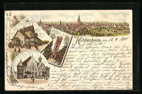 Lithographie Hildesheim, Ortsansicht mit Rathaus und Gasthaus auf dem Galgenberg