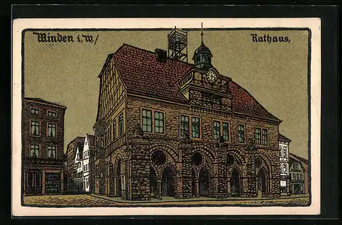 Steindruck-AK Minden i. W., Rathaus mit Strassenpartie