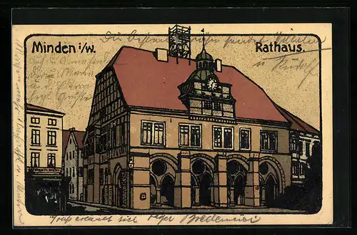 Steindruck-AK Minden i. W., Rathaus mit Strassenpartie