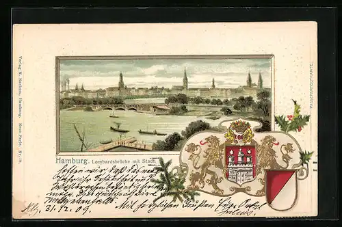 Passepartout-Lithographie Hamburg-Neustadt, Lombardsbrücke mit Stadt und Wappen