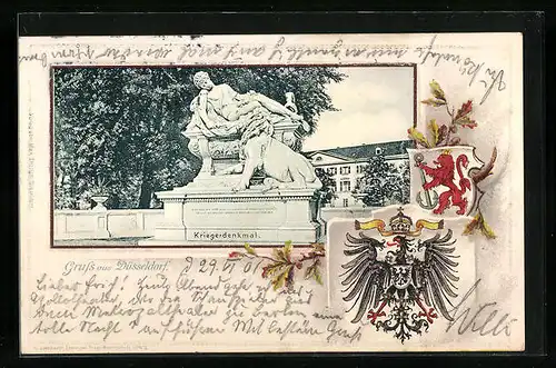Passepartout-Lithographie Düsseldorf, Kriegerdenkmal mit Wappen
