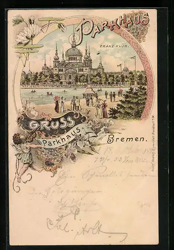 Lithographie Bremen, Parkhaus mit Spaziergängern