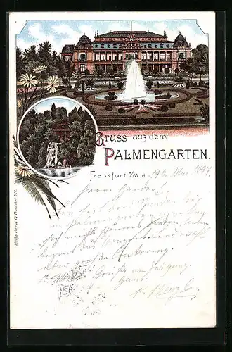 Lithographie Frankfurt-Westend, Palmengarten mit Springbrunnen und Wasserfall