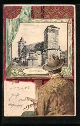 Passepartout-Lithographie Nürnberg, Kaiserstallung als Gemälde mit Maler dargestellt