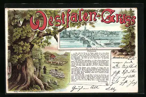 Lithographie Minden, Ortsansicht mit Landschaftsbild
