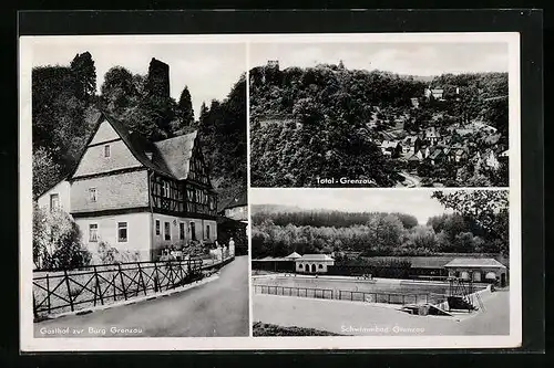 AK Grenzau, Totalansicht, Schwimmbad und Gasthof zur Burg