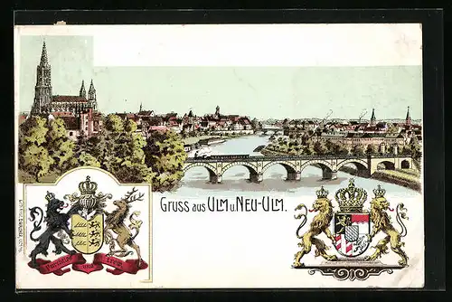 Lithographie Neu-Ulm, Ortsansicht mit Ulm und Münster