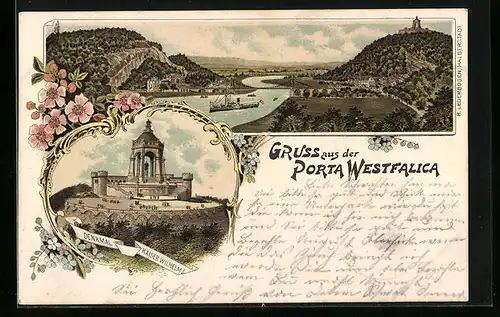 Lithographie Porta Westfalica, Denkmal Wilhelm der Grosse, Panorama