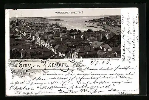 Lithographie Flensburg, Stadt aus der Vogelschau