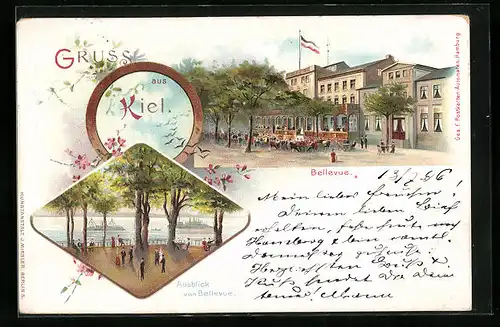 Lithographie Kiel, Gasthof Bellevue, Blick auf die Förde