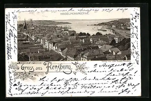 Lithographie Flensburg, Blick über die Dächer der Stadt