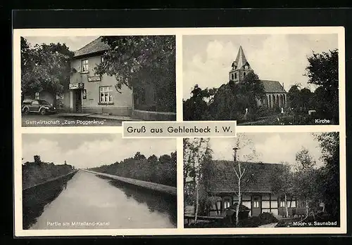 AK Gehlenbeck i. W., Gasthof zum Poggenkrug, Kirche, Moor- und Saunabad