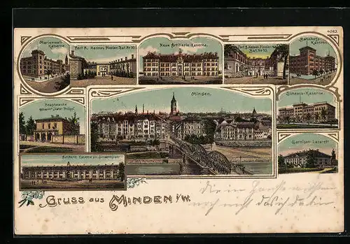 Lithographie Minden i. W., Marienwall-Kaserne, Neue Artillerie-Kaserne, Fort B Hannov. Pionier Bat. No. 10, Lazarett