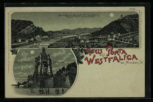 Mondschein-Lithographie Porta Westfalica bei Minden i. W., Kaiser Wilhelm Denkmal, Panorama