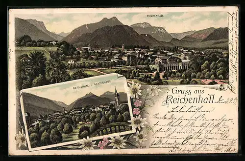 Lithographie Reichenhall, Totalansicht mit Kirche